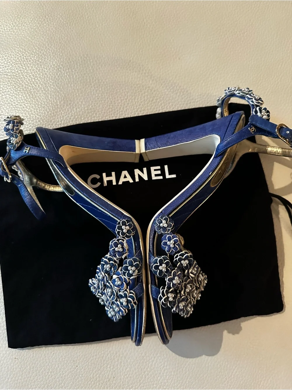 Chanel Vivid Blue Camellia Pearls CC Ankle Strap Sandals Eu 36